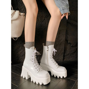 Yuxin รองเท้าบูทมาร์ตินสีขาวส้นสูงพิเศษสำหรับคนตัวเล็กรองเท้าบูทสั้นหนังแท้พื้นหนากันน้ำรองเท้าบูทขี่มอเตอร์ไซค์ผูกเชือกสุดฮิต