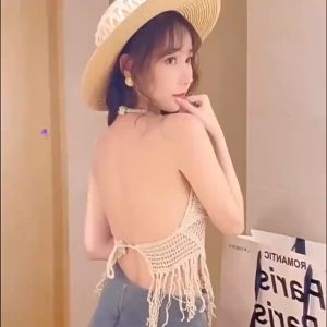 FASHLOVER Crochet Top Beach Wear crochet swimwear Tassel Hanging Knitted Swimwear Top Outfit For Women