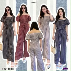 TW18888 Jumpsuit จั้มสูทขายาวลายริ้ว + สายผูกเอว - ภายในช่วง 44-46 ราย