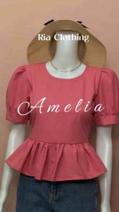 AMELIA Puff Sleeves Roundneck Peplum Blouse Korean BKK Trendy Casual Office Top Women Ria Clothing