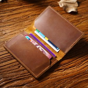 Portable Genuine Leather Bifold Card Holder Pocket Wallet for Male Handmade Slim Credit Card Case for Womens Travel Wallet