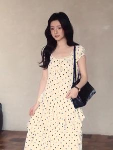 seemon | Spring Summer Korean Style Lace Dot Stitched Flared Sleeve Hem Skirt Dress
