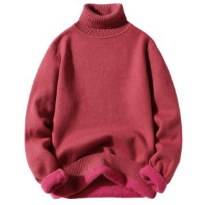 HENGYUANXIANG | Hengyuanxiang Mens High Collar Knitted Sweater Fleece Lined Thickened Pure Color Inner Wear Winter Fashion City Style Long Sleeve
