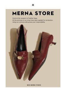 รองเท้าส้นเตี้ยหัวแหลมสีแดงน้ำหมากรุกสำหรับผู้หญิง รองเท้าหนังแท้ รองเท้าส้นบางสไตล์ฝรั่งเศส รองเท้าส้นเตี้ยแบบสวมหัวแหลม