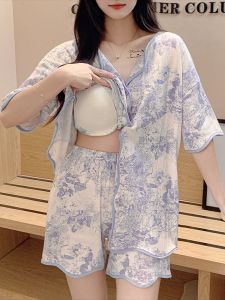 ชุดนอนผู้หญิงแขนสั้นผ้าฝ้ายแท้ฤดูร้อน ชุดอยู่บ้านแบบมีแผ่นเสริมหน้าอก ชุดนอนแขนสั้นผ้าฝ้ายแท้สไตล์เกาหลี INS ชุดนอนผู้หญิง