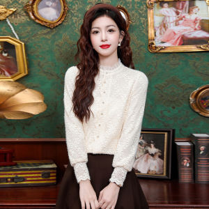 Thickened Fleece Long Sleeve Lace Shirt Womens Inner Wear Korean Style Straight Cut Commute Fashion Polyester Blend Cardigan