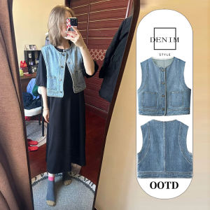 Short Denim Vest Jacket Women Summer Thin Retro Design Sleeveless Shoulder Pad round Neck Chic Top Cotton Polyester Regenerated Fiber