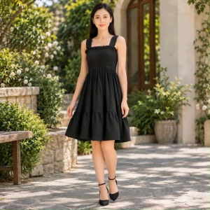 Ladies’  Challis Smocked Square-Neck Tiered Mini Dress