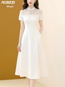 MINGSI | Modernized Chinese Style Cheongsam Dress Stand Collar Lace Patchwork Slimming