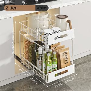 2-Tier Sliding Out Under Cabinet Storage Rack Heavy Duty Metal Pull Out Organizer with Adhesive & Slide Rails Large Capacity