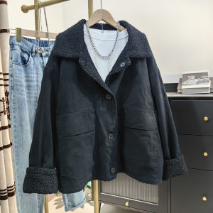 เสื้อแจ็คเก็ตขนแกะผ้าฝ้ายแท้สำหรับผู้หญิง 2 ด้าน ฤดูหนาว 2024 ดีไซน์หลวมสบาย ๆ อบอุ่น แขนยาว ปกโปโล กระดุมเดียว
