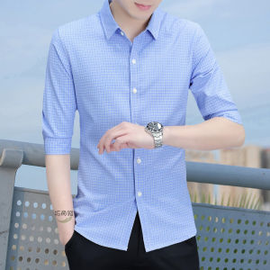 Talented Youth Mens Shirt Handsome Striped Mid-Sleeve Seven-Quarter Casual Iron-Free Fashionable Polyester Blend Spring Summer