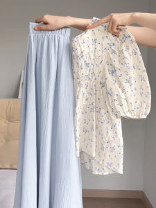 Quần Ống Rộng Bằng Vải Chiffon Màu Xanh Lam Cho Nữ Mùa Hè 2024 Quần Dài Đến Giữa Bắp Chân Phong Cách Hàn Quốc Thường Ngày