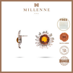 MILLENNE Multifaceted Baltic Amber Daisy Silver Stud Earrings with 925 Sterling Silver (MLP-01)