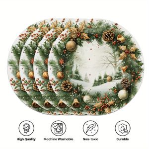 VIKAMA 4-Piece Christmas Placemat Set Easy-Clean Home Dining Holiday Christmas Party Table Decor & Accessories