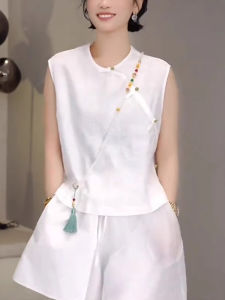 เสื้อเชิ้ตแขนกุดคอตั้งสไตล์จีนใหม่สำหรับผู้หญิง ทรงหลวม ผ้าโพลีเอสเตอร์ ทรงปกติ ฤดูร้อน 2025 ทรงปกติ