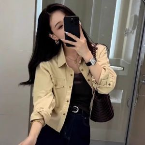 Angola Red Long Sleeve Shirt Jacket Women Short Style Spring Autumn New Small Size Versatile Top Pure Color Polo Collar Button Closure