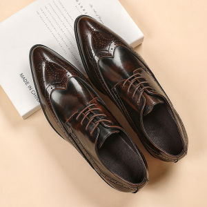 British Style Business Formal Leather Shoes Mens Polished Carved Brogue Handmade Derby Shoes Sharp Pointed Toe Office Wear