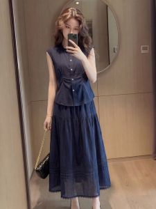YIKEMAI | Bộ Áo Không Tay V-neck Màu Xanh Retro & Chân Váy Ren Dành Cho Người Mập