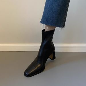 Giày Bốt Cao Gót Cao Bằng Da Mềm Màu Nâu Kiểu Pháp Cho Nữ Giày Bốt Cao Gót Bốt Ngắn Đầu Vuông Đế Dày Thời Trang Mùa Thu Đông