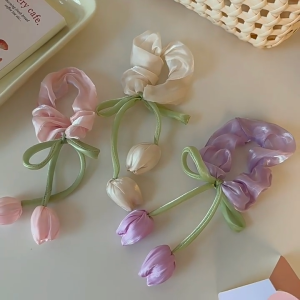 Scrunchie Kain Shiny Bentuk Bunga Tulip Rumbai Pita Ikat Rambut Cantik Elastis Korean Hair Tie Fashion Style
