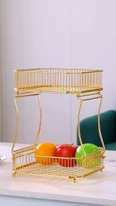 Emas Keranjang Buah 2 Tingkat Wadah Buah Bumbu Dapur Mewah Fruit Double Basket Minimalis Rak Kosmetik Hiasan Meja Kopi Ruang Tamu Rak Buah Bertingkat