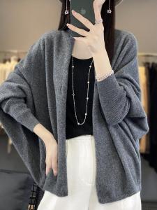 Spring New Batwing Sleeve Woolen Shawl Coat Womens Pure Color Outerwear Loose Cashmere Open Cardigan Trendy Top