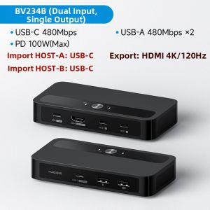 Hagibis | 2-Port 1-Output Type-C KVM Switch with USB Hub and HDMI 4K Extender