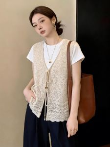 Plus Size Elegant Lace Jacquard Sleeveless V-Neck Vest Sweater