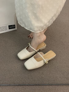 Womens Toe-Covered Half Slippers Womens Summer Outwear Light Khaki Low Heel French Style Gentle Fairy Lady Elegant with Skirt Sandals Flats