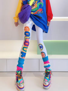 กางเกงลำลองผู้หญิงเอวสูงทรงสลิมฟิตพิมพ์ลายตัวอักษรสีสันสดใส ทรงบาง ผ้าไหมน้ำแข็ง กางเกงขายาวทรงสลิมฟิตสำหรับฤดูใบไม้ผลิและฤดูใบไม้ร่วง