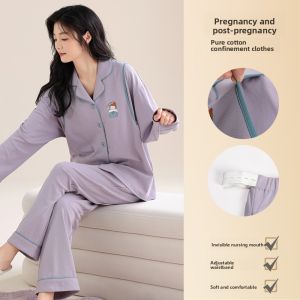 Miiow | Pure Cotton Maternity Nightgown Long Sleeve Postpartum Nursing Sleepwear Large Size Home Clothes For Pregnant Women