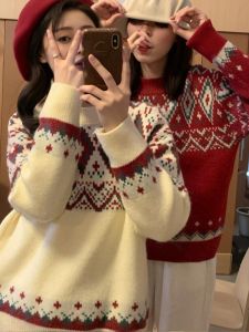 Christmas Red Thickened Knitted Sweater Womens Autumn Winter New Year Lazy Style Small Audience Knitted Top Trendy round Neck