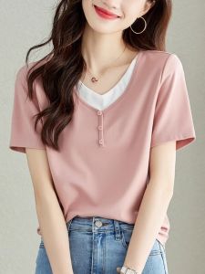 WANGGONGZHU | Princess Style Korean Straight Cut Short Sleeve T-Shirt Womens V-Neck Splice Slimming Summer Top Fashionable Shoulder Line