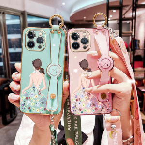 VRQR Luxury Electroplating Silicone Phone Case for OPPO Reno 8 Pro+ 5G Reno 9 Pro 5G Reno 10 Pro + 5G Reno 11 Pro 5G Reno 11F Dress Girl Wrist Strap Bracket Silicon Soft Cover with Long Lanyard