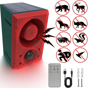 Solar Motion Alarm Lamp 130dB Dog Bark Gunshot Waterproof LED Strobe Light Remote for Garden Farm Chicken Coop Support Recording