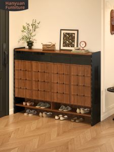 HANYUAN | French Vintage Checkered Shoe Storage Bench with Hole Board