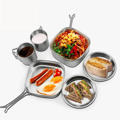 Stainless Steel Square Camping Pot Set Portable Multi-Functional Foldable Picnic Pot Set of Six Hiking Travel Set