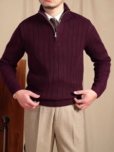 Wool Blend Fitted Stand Collar Ribbed Sweater Men