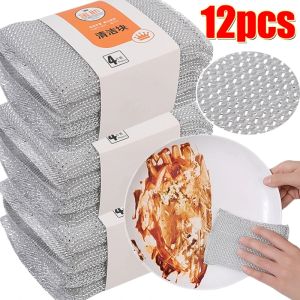 Feelife 12/4pcs Stainless Steel Wire Sponge Scouring Cloth Double Sides Dish Washing Sponges Reusable Kitchen Bowl Pot Brush Cleaner