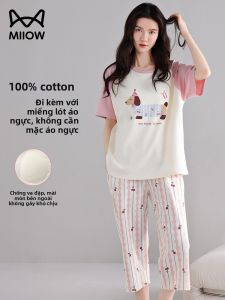 MiiOW | Bộ đồ ngủ cotton nguyên chất cho nữ mùa hè cổ tròn tay ngắn quần dài bảy điểm có đệm ngực họa tiết hoạt hình mặc ở nhà