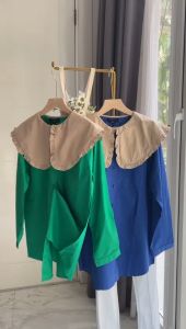 ●ECLAIRE● 043 Kemeja Big Collar Cotton 2tone lengan panjang longsleeves Kasual Korea Verinka Import Premium