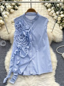 French Style Sleeveless Shirt Womens Summer Stylish Three-Dimensional Flower Ribbon Single-Breasted Easiest for Match Chic Anti-Aging Top Trendy