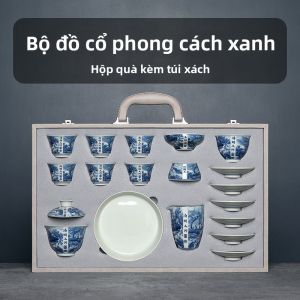 SIFANGTING | Bộ Trà Sứ Trắng Xanh Trung Quốc 1 bộ