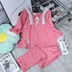 Set bộ pijama dài mặc nhà phối ren bèo tiểu thư cổ vuông tay dài quần dài chất đũi gân mềm mịn thoáng mát CARY