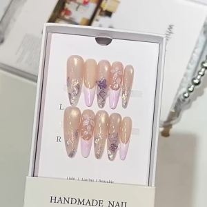 10pcs Long Press on Nails French Style Tip Cat Eye Handmade DIY Nail with Pearl Bowknot Detachable Nail for Women Wedding Decor
