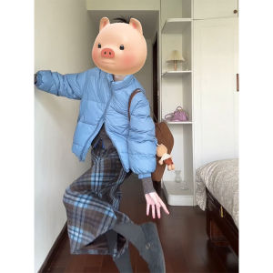 YUEZHONGWEI | Blue Stand Collar Short Dual Zipper Warm Padded Coat