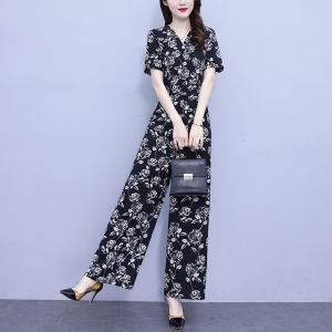 Impression Fashion Store Women Summer V-neck Elegant Chiffon Short Sleeve Floral High Waist Long Wide Leg Jumpsuit