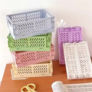 6Colors Organizing Storage Baskets Case Folding Student Desktop Basket Tape Stationery Plastic Foldable Container Storage Box
