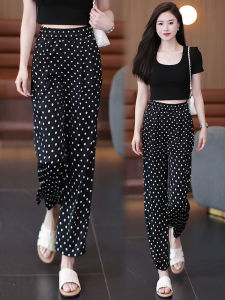 Slim Fit Ice Silk Wide Leg Pants Women Summer Thin High Waist Loose Drape Casual Polka Dot Nine Point Straight Cut Trousers